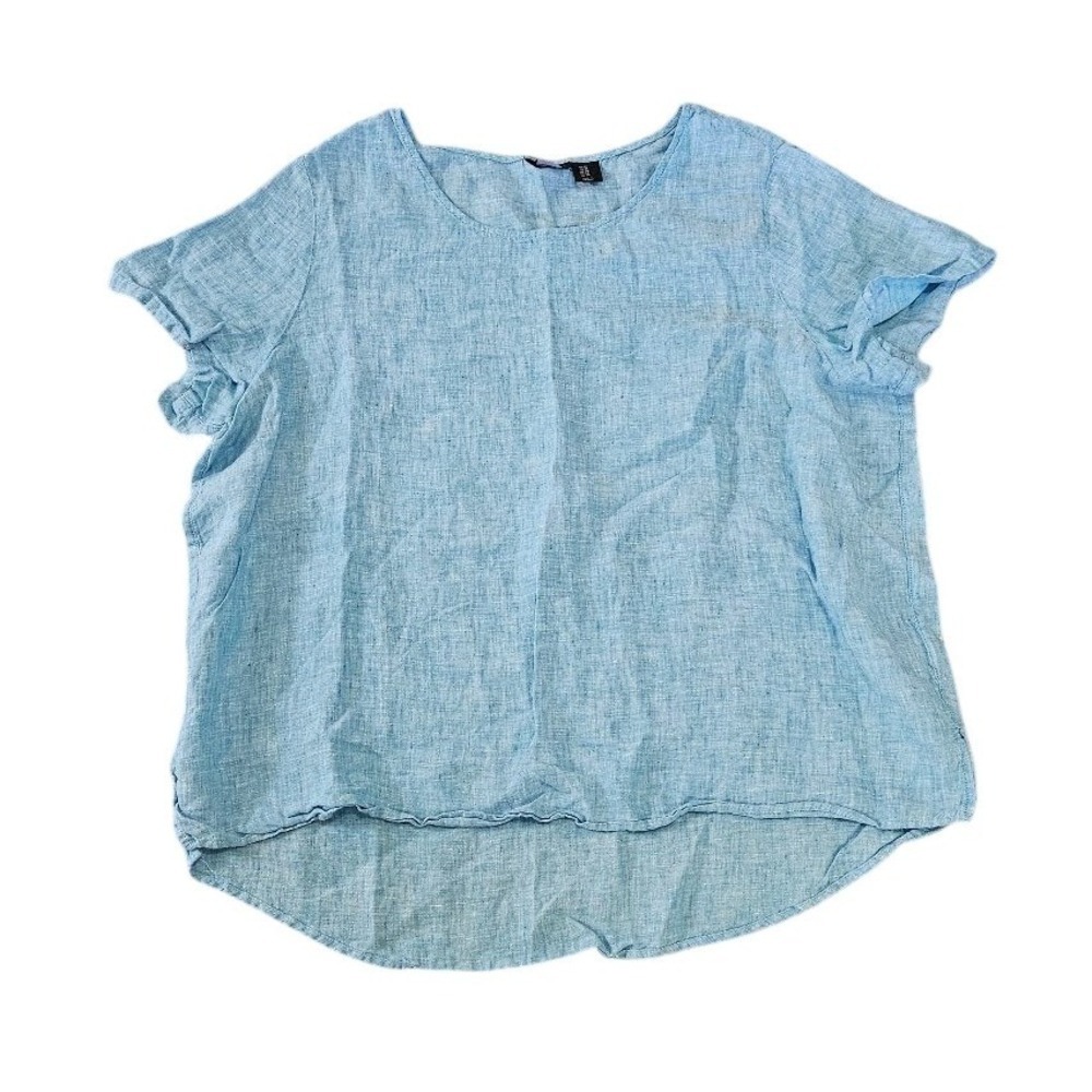 Tahari 100% Linen Top Women Size 1X Light Blue Short Sleeve Lightweight